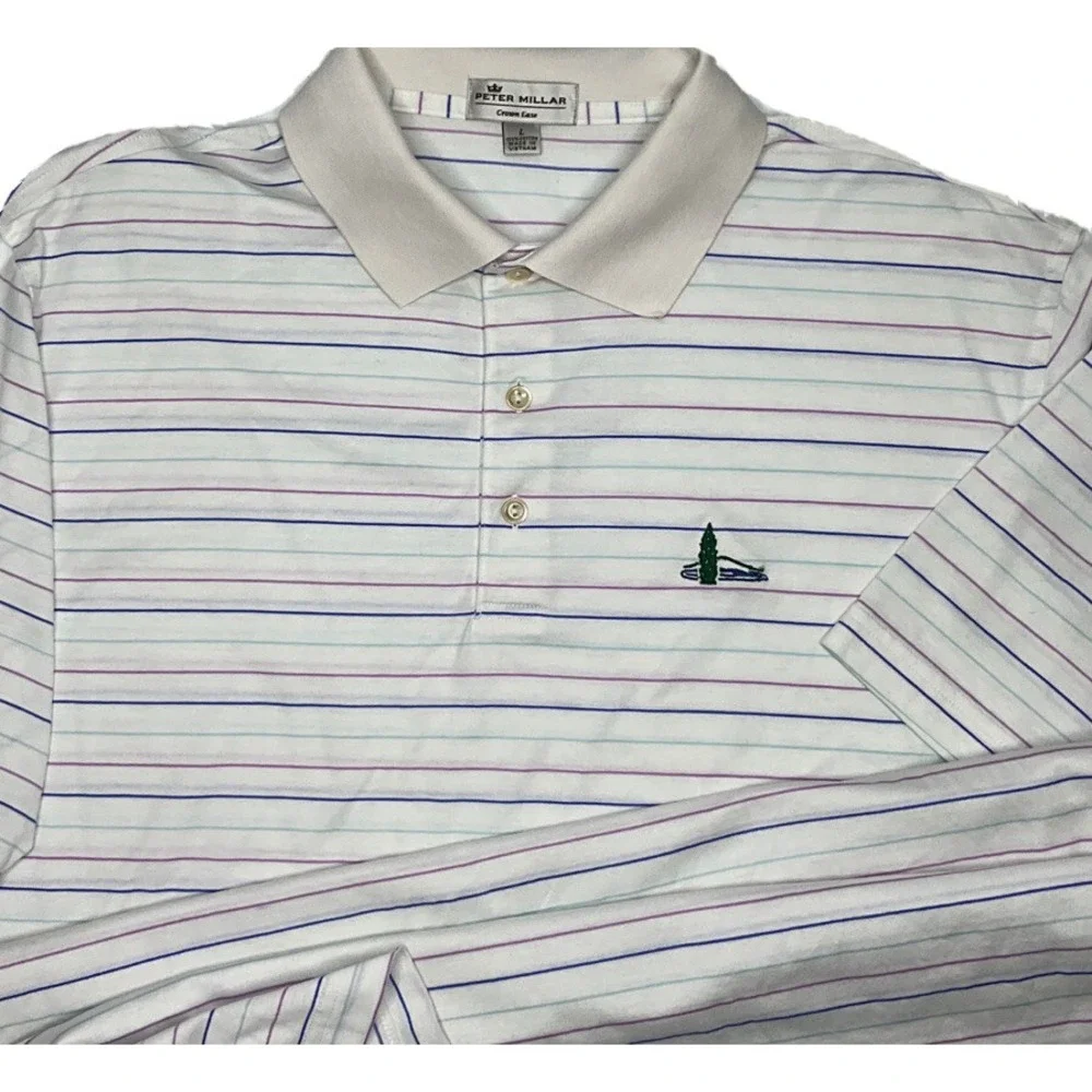 Peter Millar Polo Shirt Golf Mountain Lake Club Crown Ease Striped Embroidered L